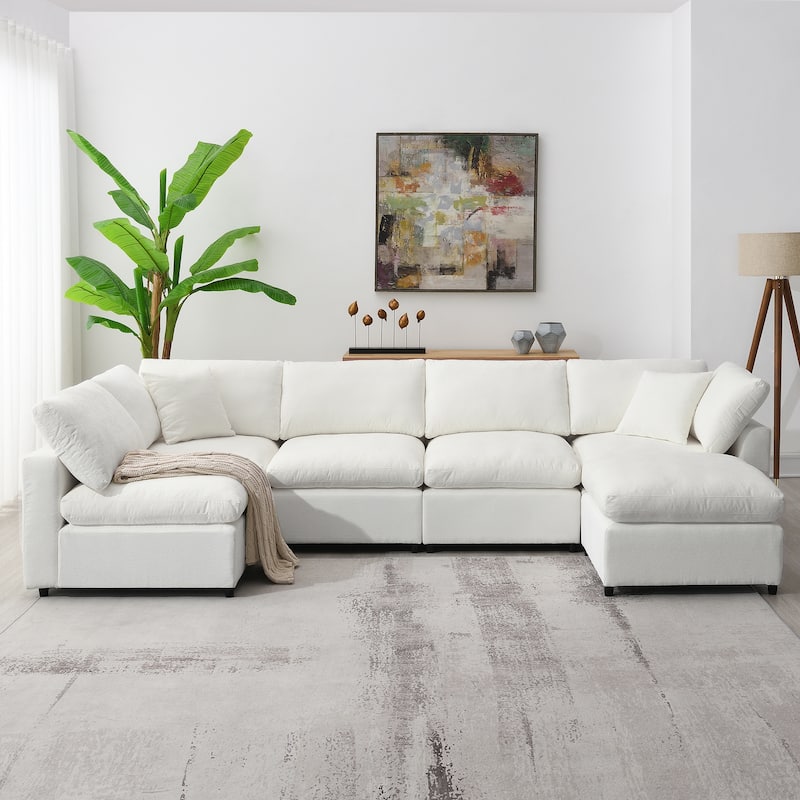 Modular Chenille Cloud Sofa Bed, Convertible U Shaped Sleeper Sofa - Beige
