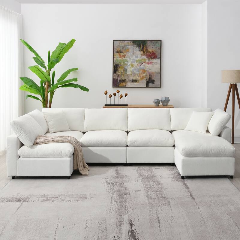 Oversized Chenille Sectional Sofa Bed, Modular 6 Seater Cloud Sofa with Ottoman, Convertible U Shaped Sleeper Sofa with Pillow