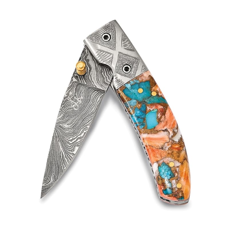 Curata Damascus Steel 256 Layer Spiny Oyster Turquoise Handle Folding Blade Knife Leather Sheath Wooden Gift Box