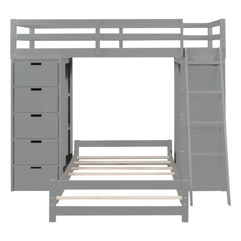 Gray Twin Over Twin Bunk Bed with LED Light, USB Ports, and Storage