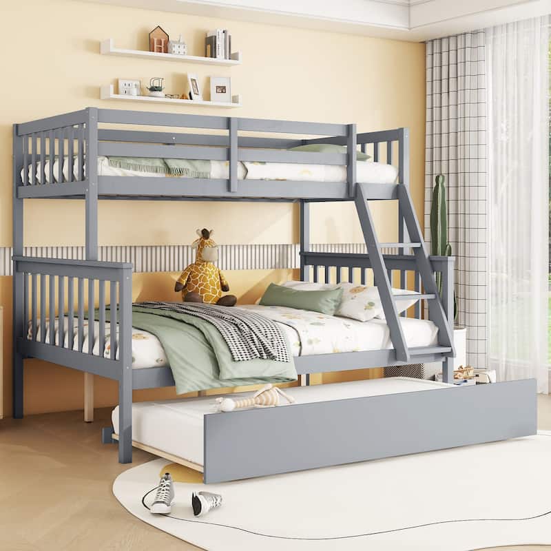 Rubber Wood Bunk Bed with Trundle Bed,Converted into 2 Individual Beds - Grey - Twin