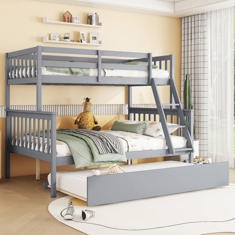 Twin Over Full Rubber Wood Bunk Bed with Trundle, Convertible Ladder and Guardrail, Detachable, Convertible Bed