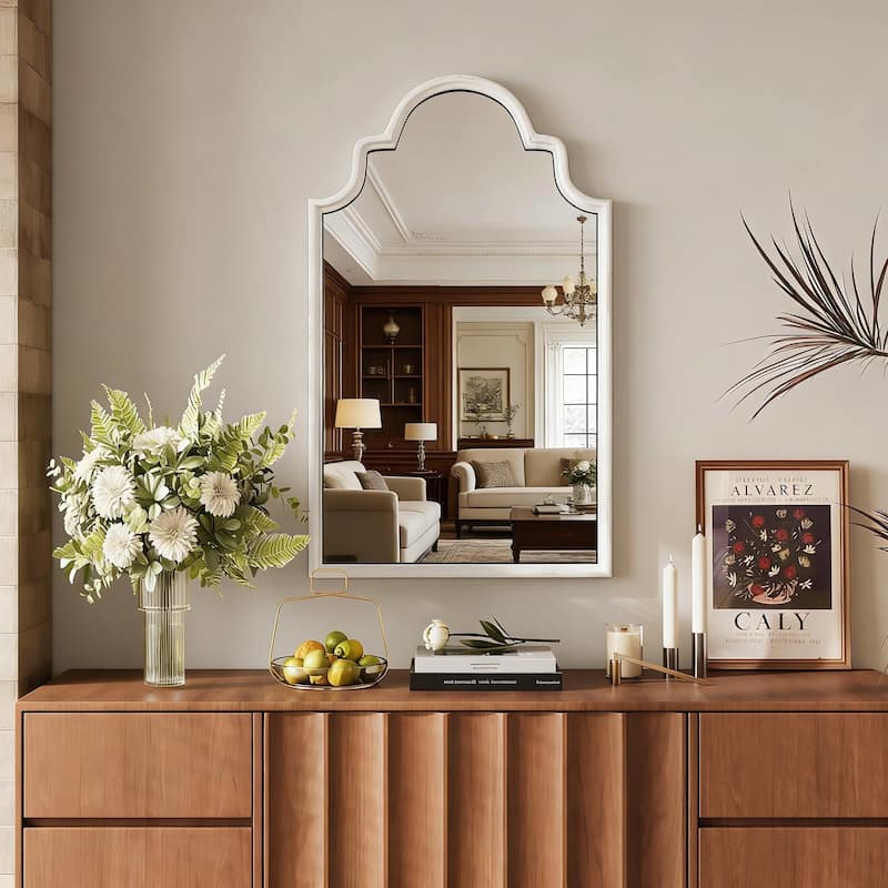 Farmhouse Distressed White Arch Wood Wall Mirror - 20 X 36 INCHES