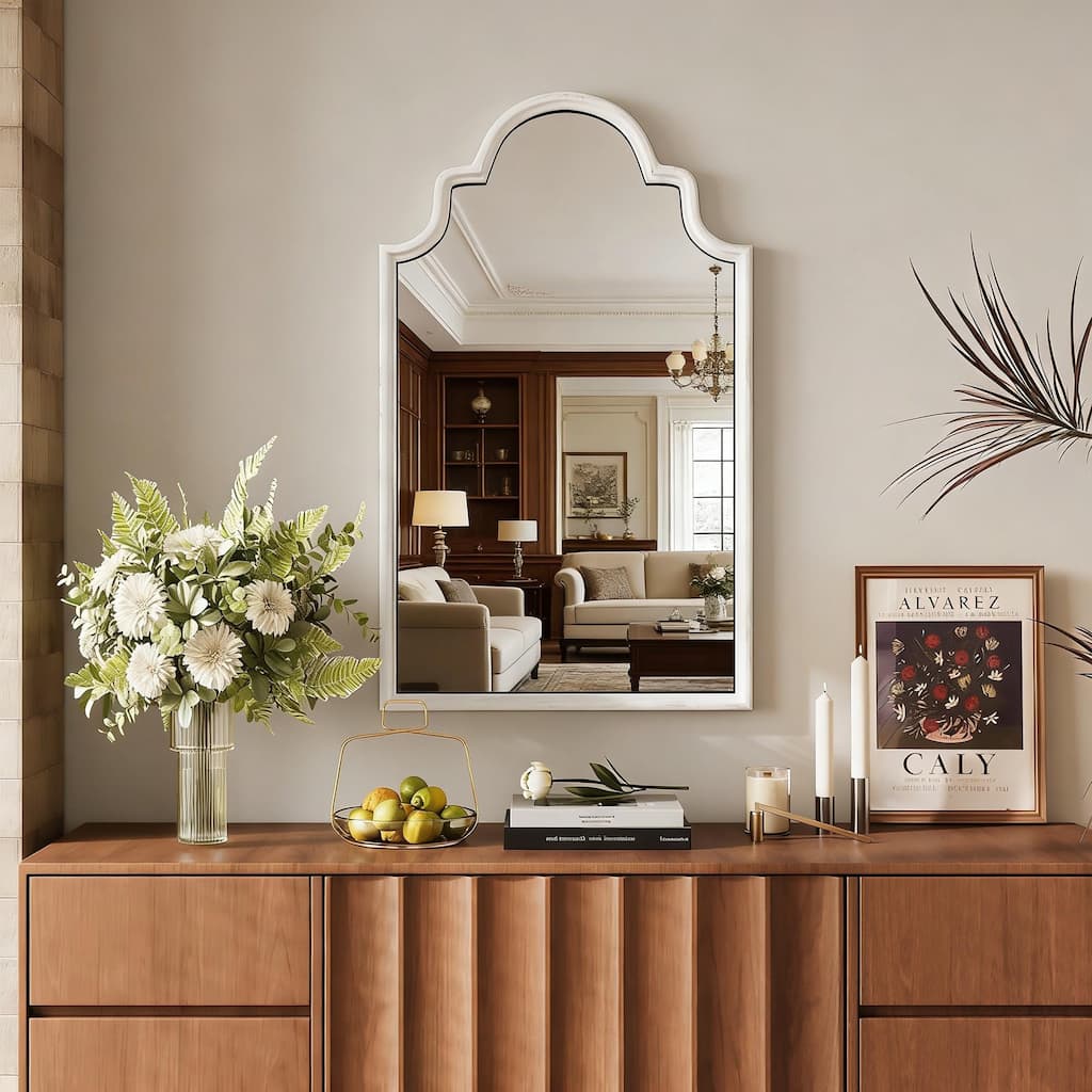Transitional Arch Distressed White Wood Frame Wall Mirror