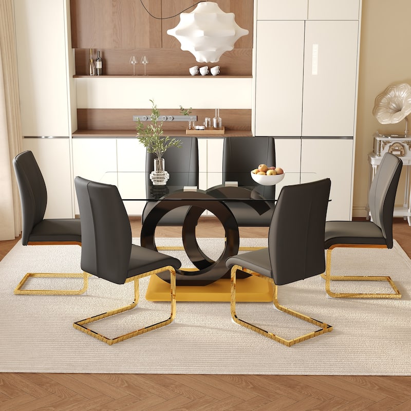 Luxury 7-Piece Dining Table Set 63-Inch Rectangular Glass Table with 6 Faux Leather Chairs Modern Kitchen Dining Table Set for 6