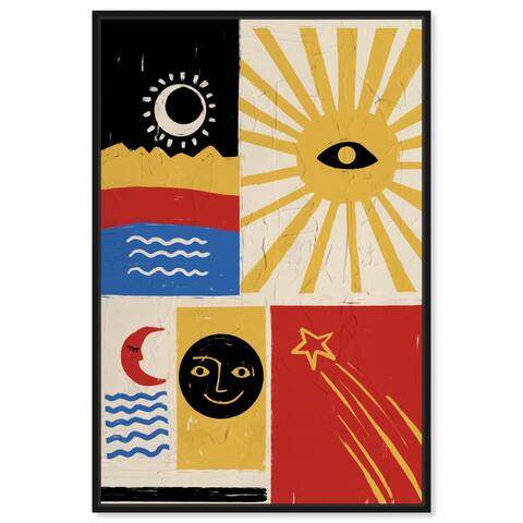 "Moonstar Revolution", Retro Cosmic Shapes Modern & Contemporary Yellow Framed Canvas Wall Art Print for Bedroom