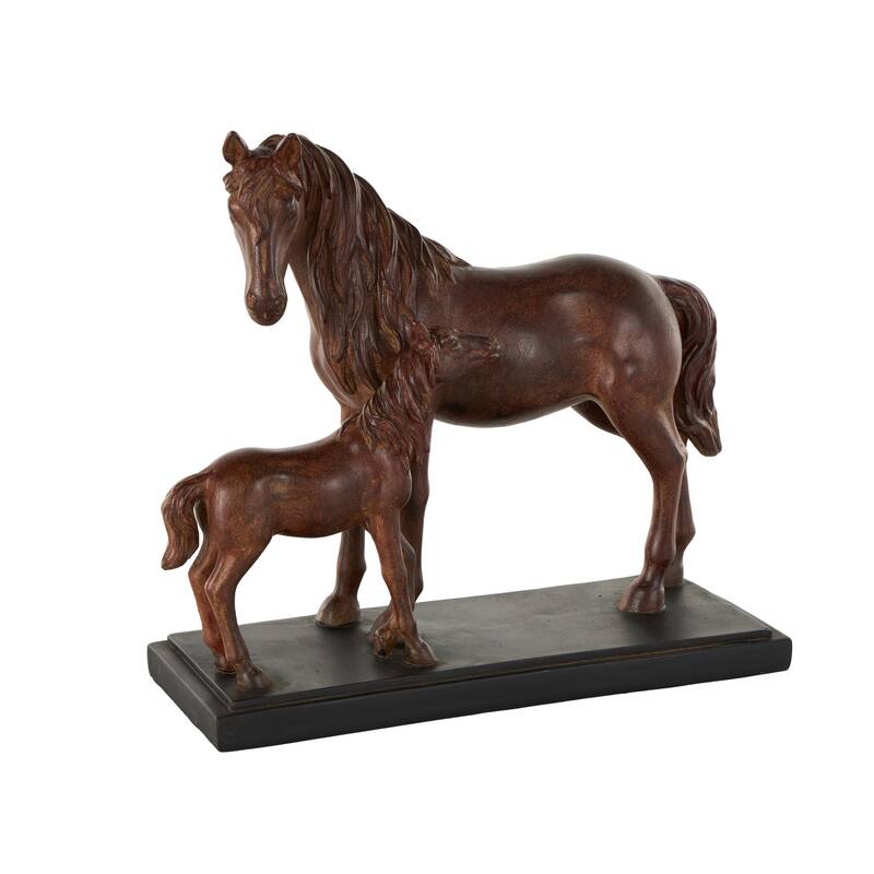 Dark Brown Ceramic Mom and Baby Horse Decorative Sculpture with Black Rectangle Base