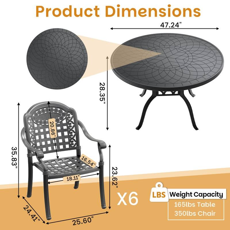 7-Piece Patio Dining Set Aluminum Table & 6 Dining Arm Chairs with Cushions