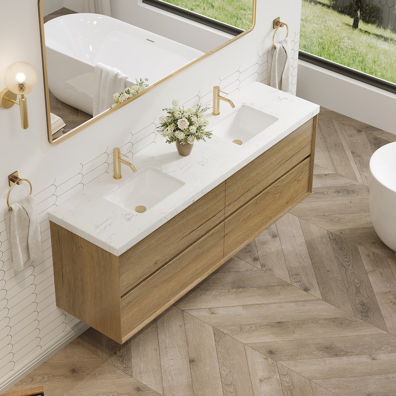 24"30"36"48"60"72"84" Floating Bathroom Vanity Engineered Stone Top with Rectangular Ceramic Undermount Sink