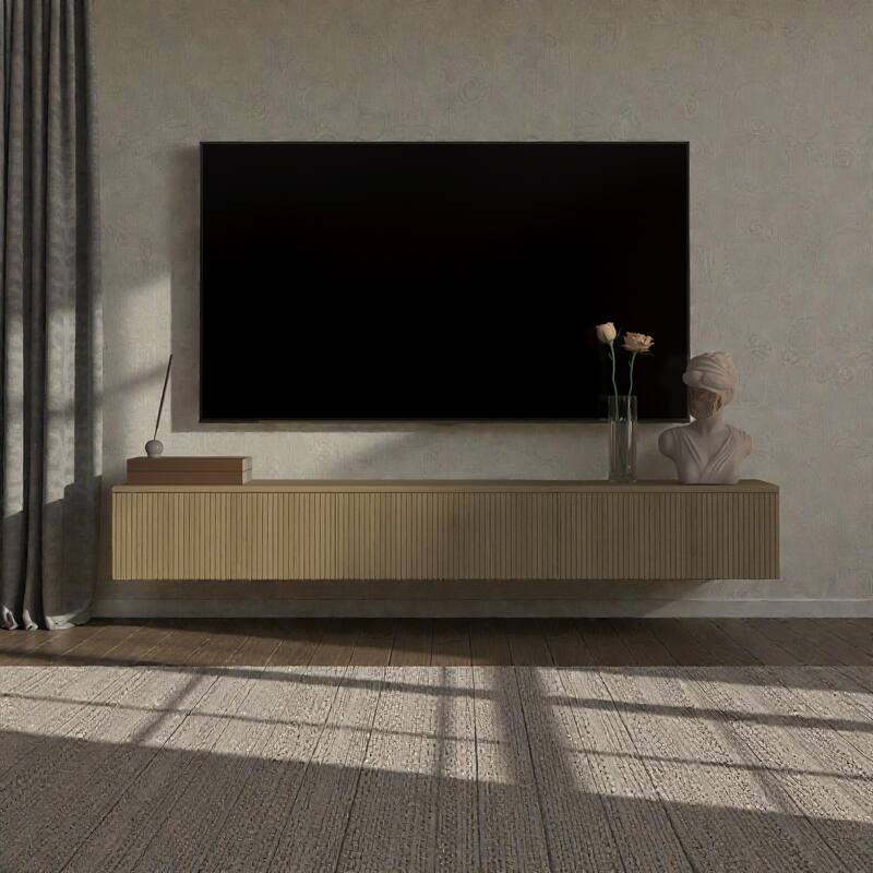 65" Floating TV Stand Wall Mounted with 16 Color LED Lights, Modern TV Cabinet for 55-65 Inch TVs