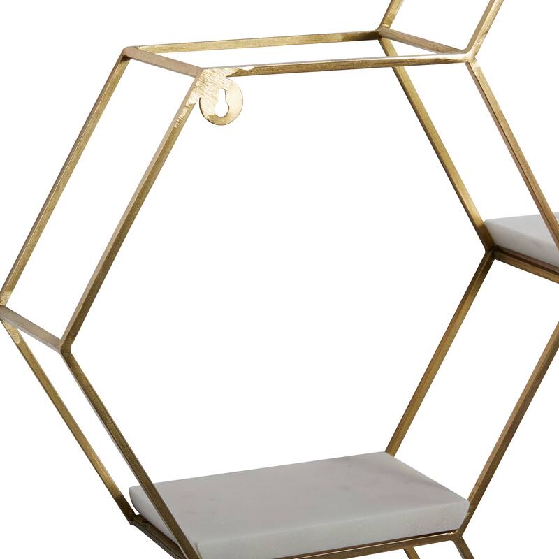 Geometric Metal Hexagon Wall Shelf with 3 Marble Shelves - Gold or Silver - 24 x 6 x 24