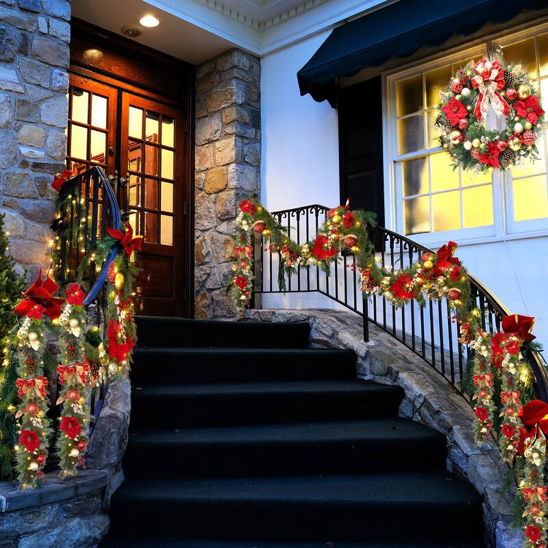 9 ft Pre-Lit Christmas Garland for Mantle Outdoor Fireplace Table Stair Railing Decoration, Red Gold