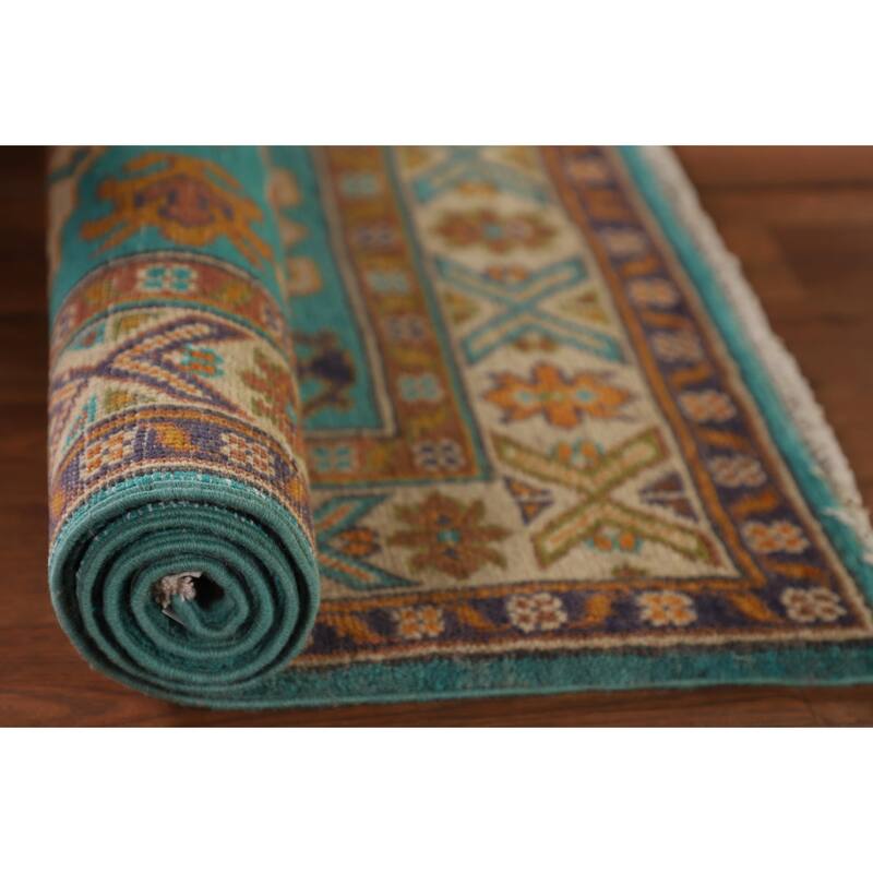 Turquoise Blue Kazak Oriental Accent Rug Hand-Knotted Wool Carpet - 2'8"x 3'10"