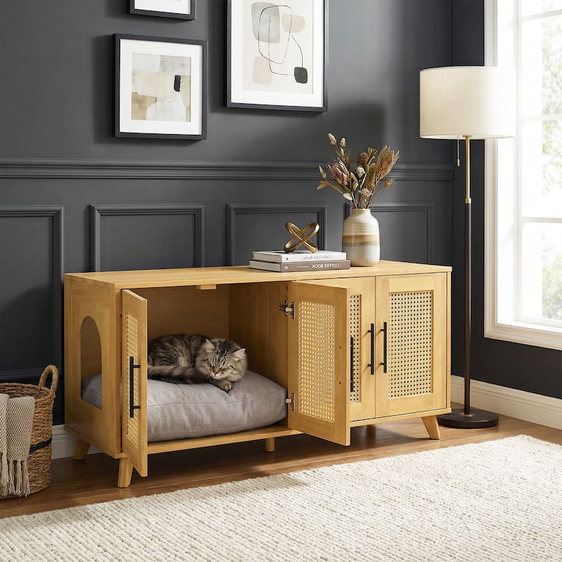Christopher Knight Home - 47"W Rubber Wood Cat Cabinet with Rattan Doors & Cushion