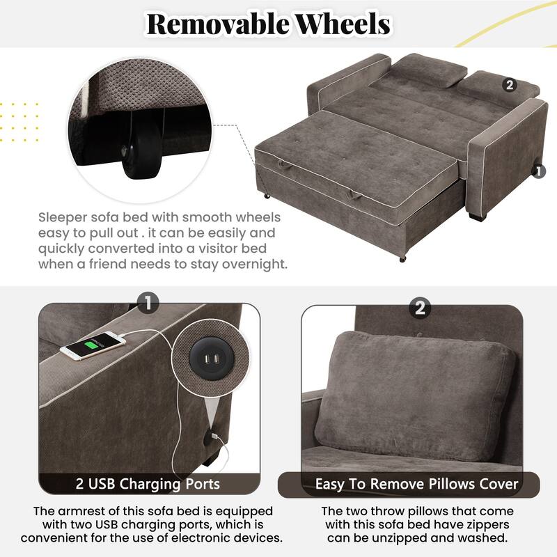 Pull Out Sleeper Bed, Sofa Bed Couch with USB Charging Port, Lounge Loveseat Sofa Daybed with Adjustable Backrest