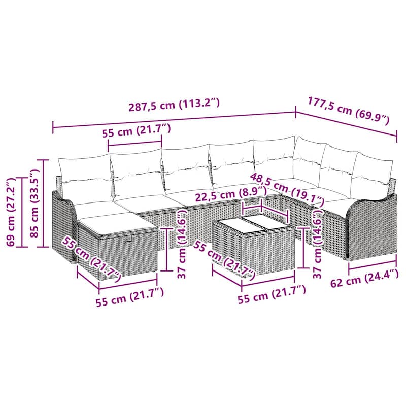 vidaXL 8/9 Garden Sofa Set with Cushions Black/Brown/Grey Poly Rattan - 113.2 x 69.9 x 27.2