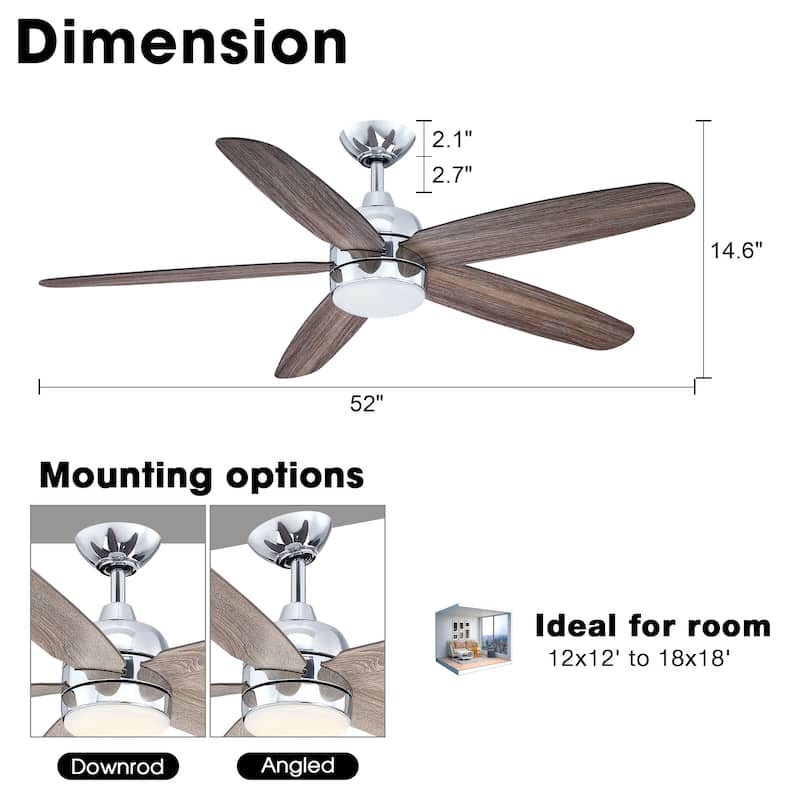 52" Classic Wooden 5-Blade Chrome Ceiling Fan with Light
