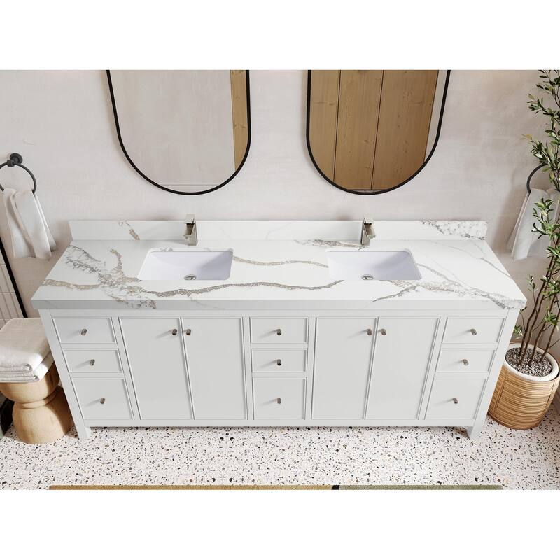 Willow Collections 84 in. W x 22 in. D Chicago Double Bowl Sink Bathroom Vanity with Countertop - 2” Calacatta Gold - White