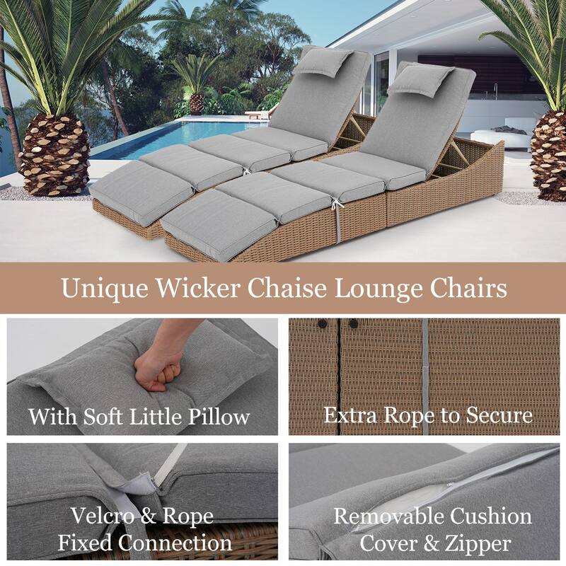 Patio Wicker Chaise Lounge Recliner Foldable Chair, w/ 5 Adjustable Back Positions & Cushion