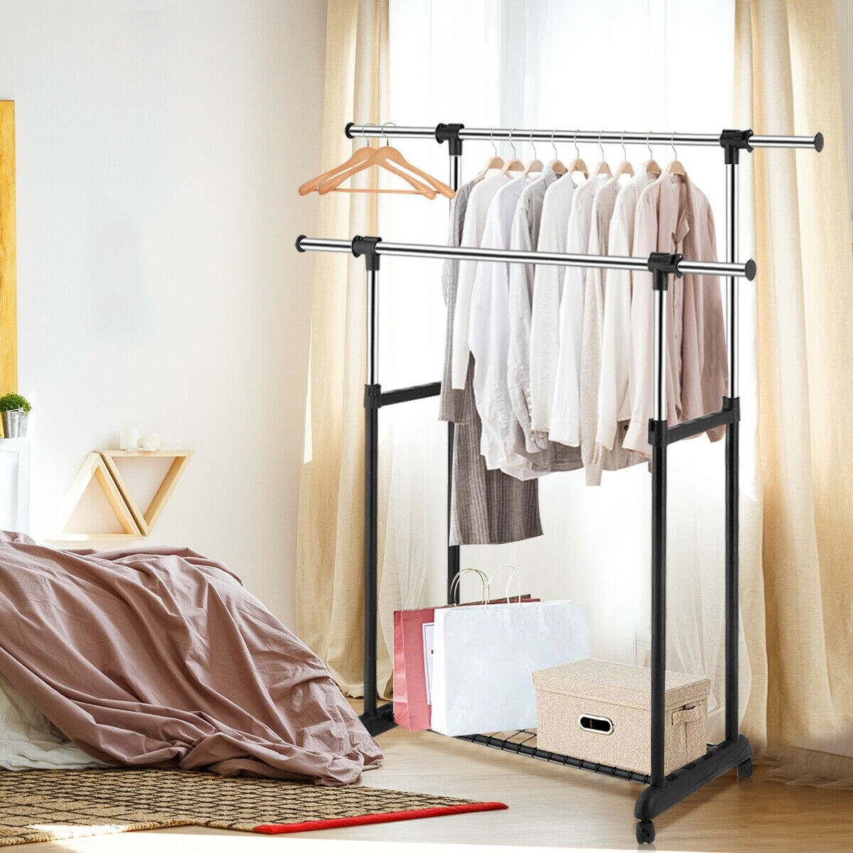 Shop Costway Double Rail Rolling Garment Rack Adjustable Clothes