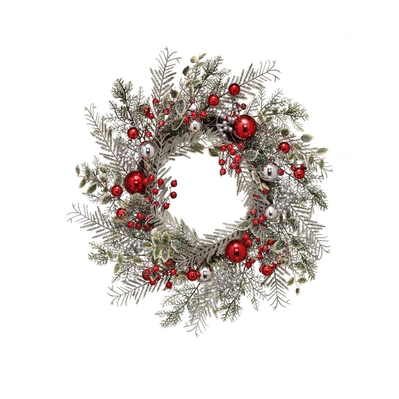 24" Frosted Mixed Ball Berry Pine Wreath - Red Green Silver