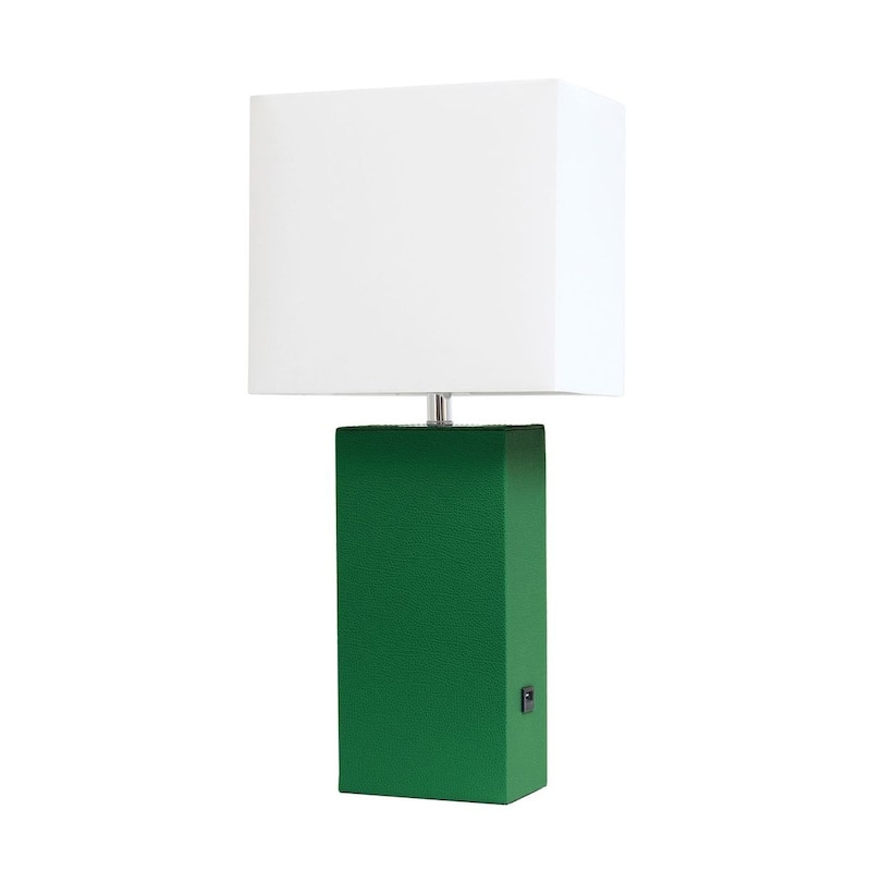 Modern Leather Table Lamp with USB and White Fabric Shade