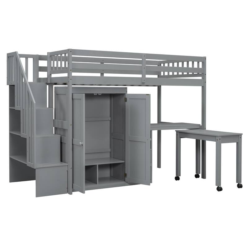 Space-Saving Loft Bed with Shelves Wardrobe, Movable table & Side Desk, Wooden Twin Bed Frmae wiht Storage Stairs & Two Drawers