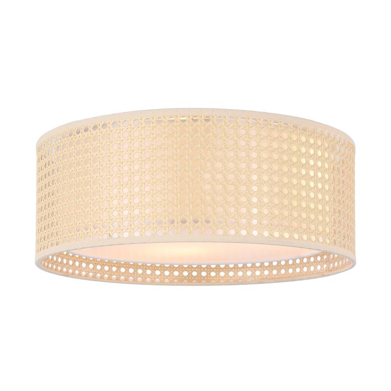 WINGBO Modern 3-Light Flush Mount Ceiling Light Fixture with Rattan & Fabric Double Drum Shade - 15.7”