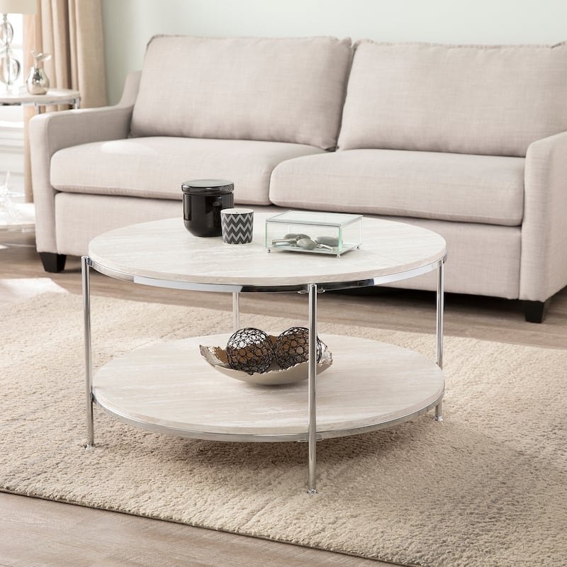 SEI Furniture Henderson Modern Faux Marble Round Coffee Table with Bottom Shelf - Chrome
