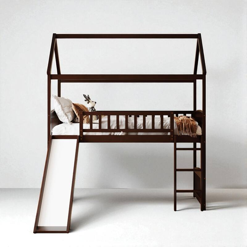 Twin Size House Loft Bed with Slide for Kids, Wood Frame Playhouse Style Bunk, No Box Spring Needed
