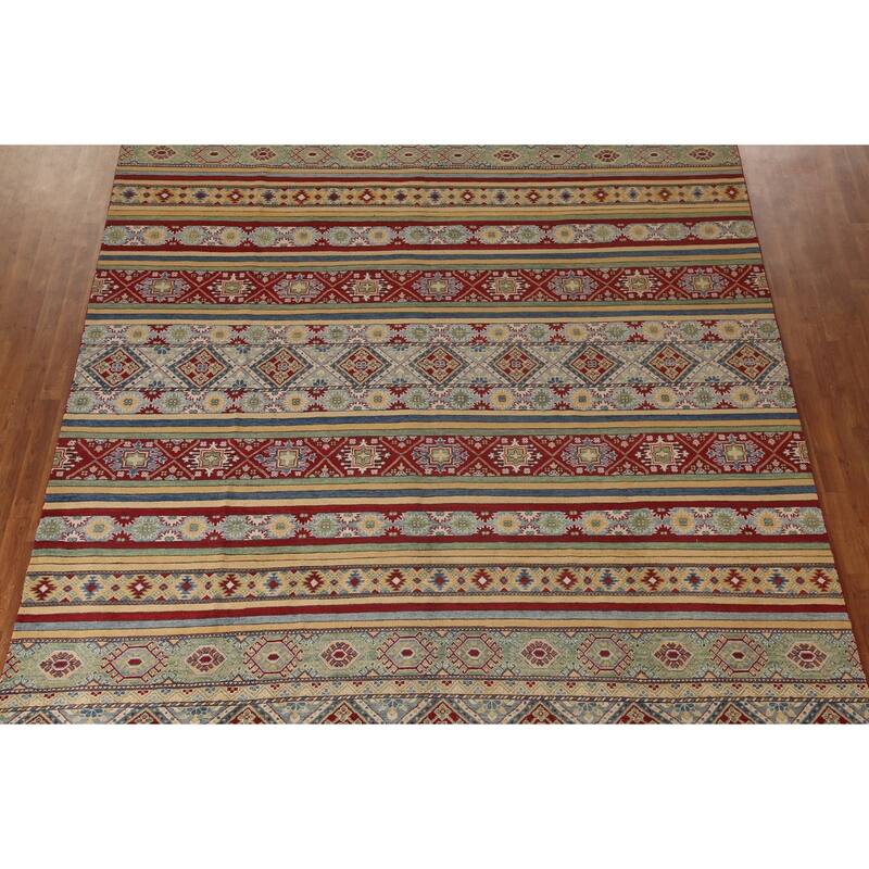 Striped Kazak Geometric Area Rug Wool Carpet - 9'10" x 12'9"