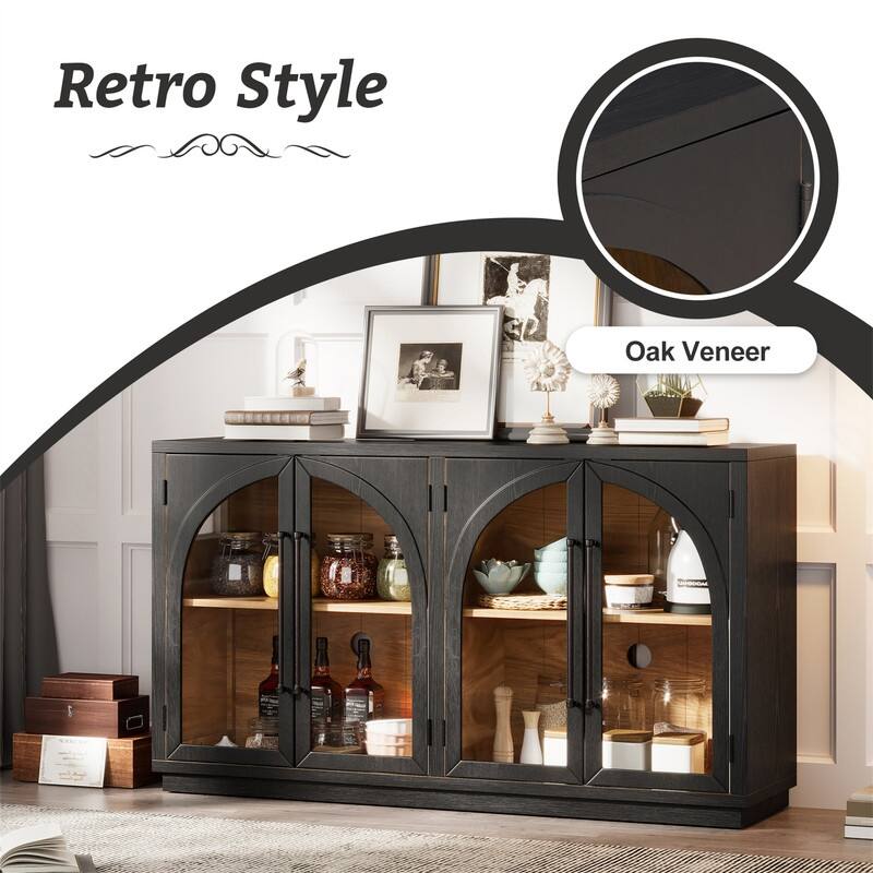 4-Door Sideboard Buffet Cabinet with Glass Doors, Arched Cabinet with Adjustable Shelves for Kitchen, Dining Room & Living Room