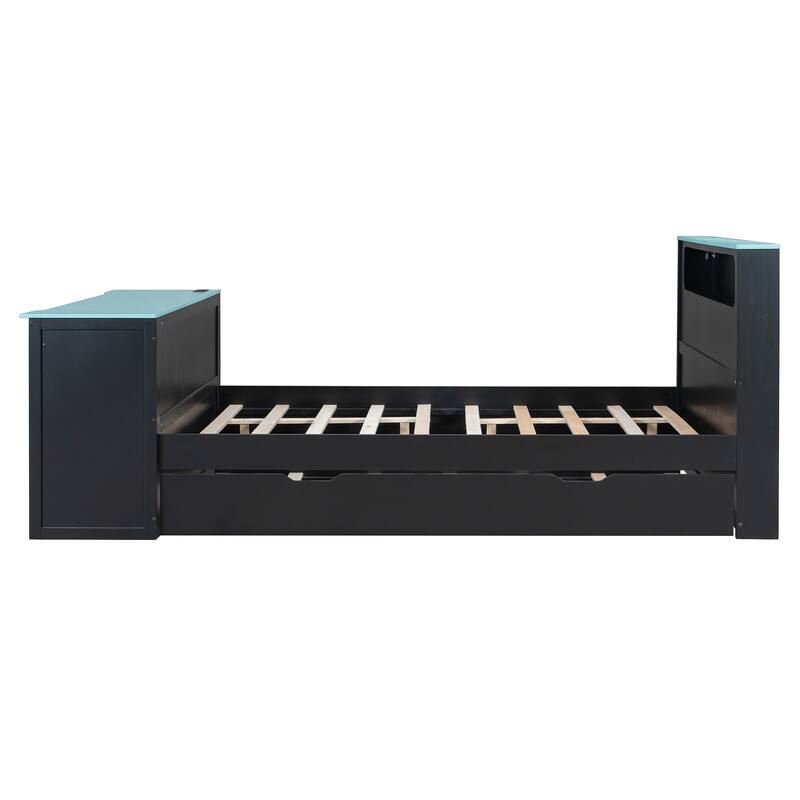 Wood Daybed with Trundle & Built-in Desk, LED Lights & USB Charging Port, Available in Full or Twin