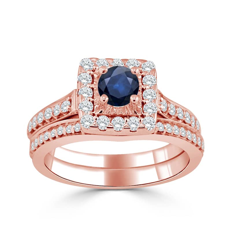 Auriya 2/5ct Round Blue Sapphire and Halo Diamond Engagement Ring Set 14k Gold - Rose - 7.5