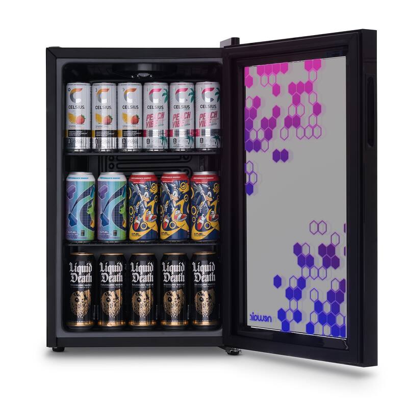 Newair Prismatic Series 85 Can Beverage Refrigerator with RGB HexaColor LED Lights, Mini Fridge for Gaming with Remote Control