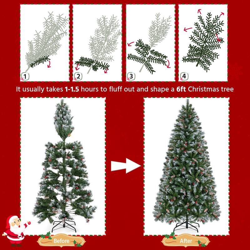 Yaheetech 6ft/7.5ft Pre-lit Frosted Artificial Christmas Tree with Pinecones & Holly Berries, Green
