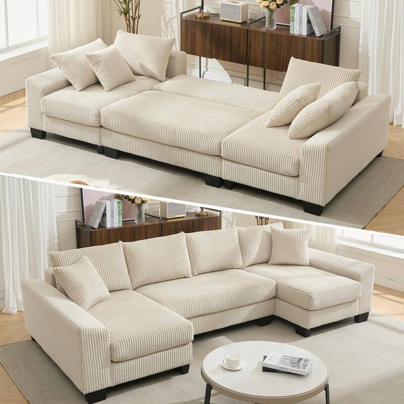 U Shaped Sofa Convertible Pull Out Sleeper Sofa Bed, 2 in 1 Recliner Sectional Couch, Corduroy Upholstery Daybed with Pillow