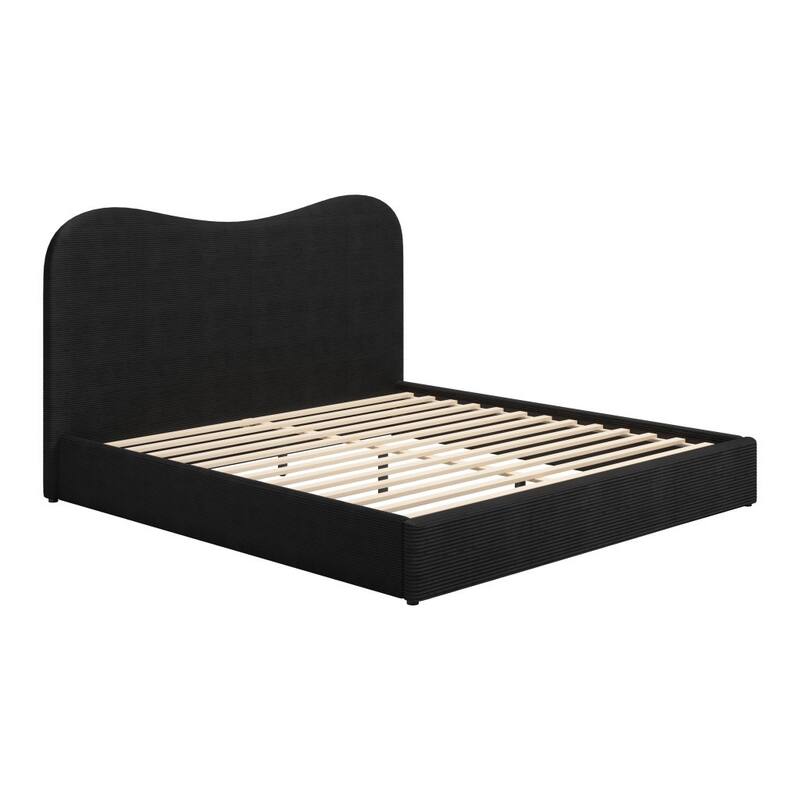 HomeRoots Black Ribbed Texture Velvet Upholstered King Bed Frame