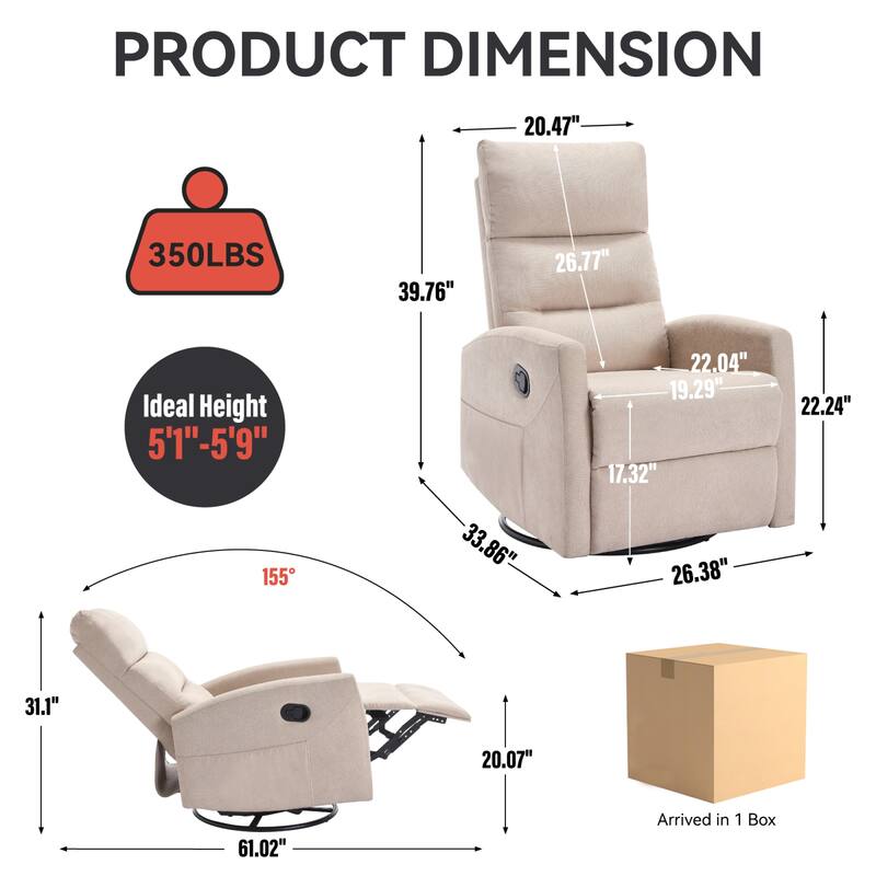 Roomfitters Swivel Rocker Recliner Chair Manual 360 Degree Glider Lounge Sofa Padded Fabric Armchair for Living Room
