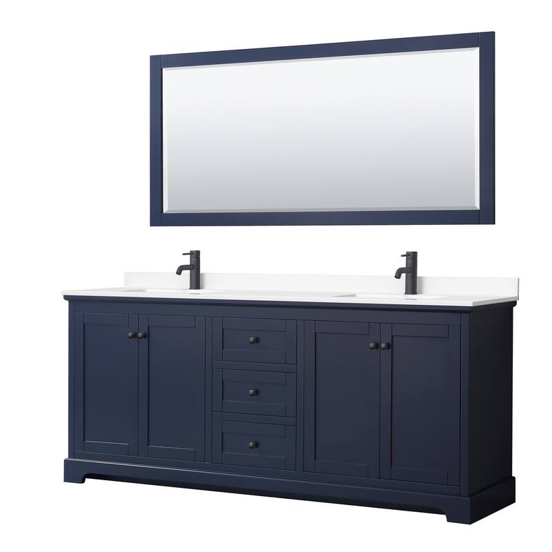 Wyndham Collection Avery 80" Free Standing Double Basin Vanity Set - Dark Blue / White Cultured Marble Top / Matte