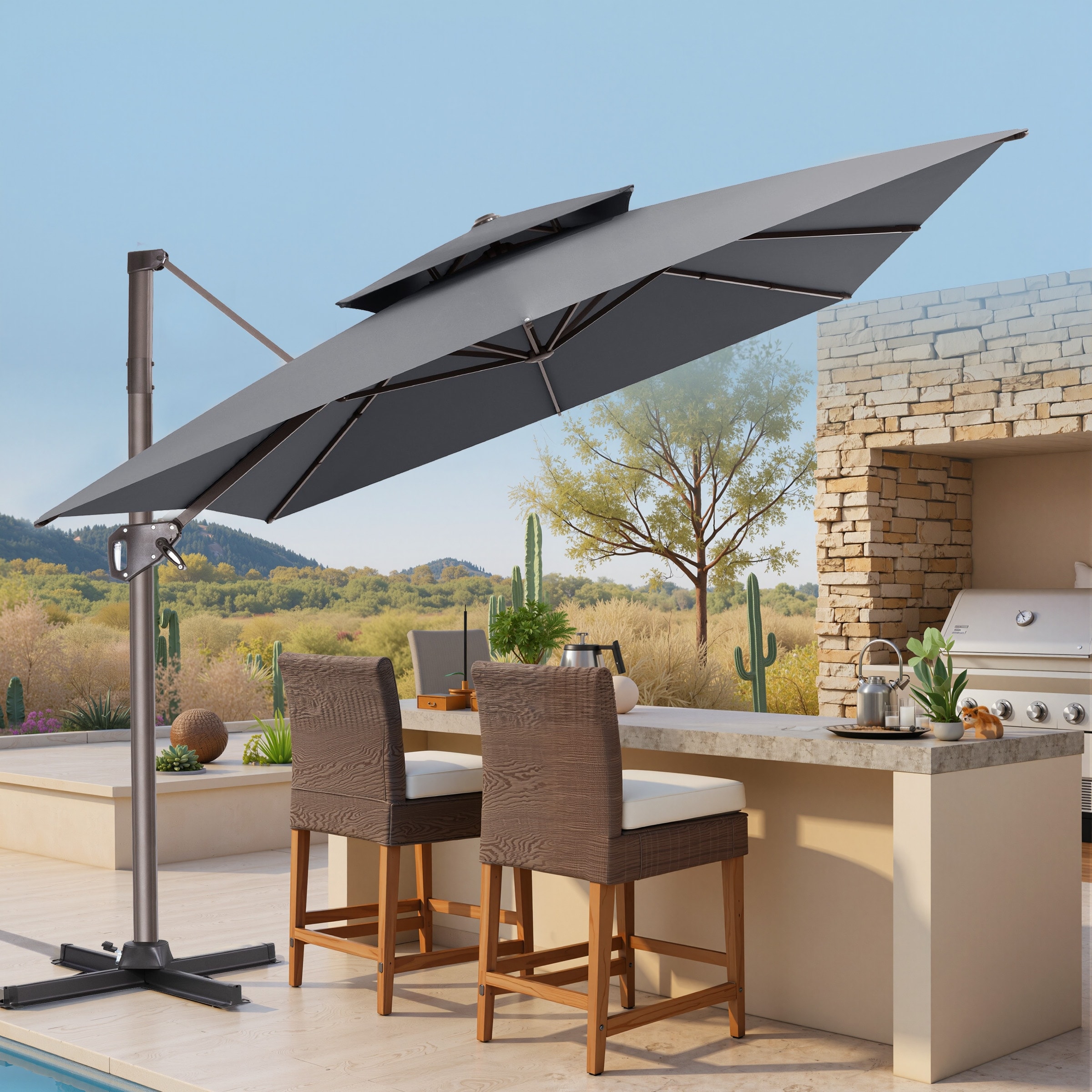 adjustable angle patio umbrella Outsunny Brown Double-sided 9.5' Outdoor Market Umbrella with Tilt & Crank removable interior Color:Hanalei Bay Blue Jacquard Mountain Bike IdealHouse 9ft Patio Umbrella