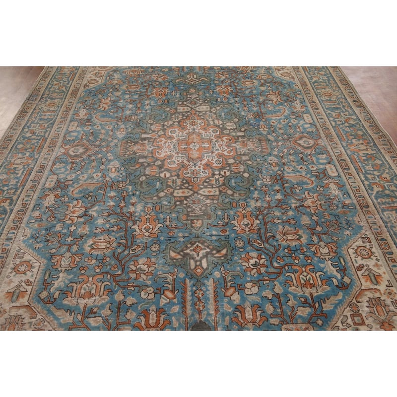 Blue Distressed Tabriz Vintage Persian Rug Hand-Knotted Wool Carpet - 8'1" x 11'2"