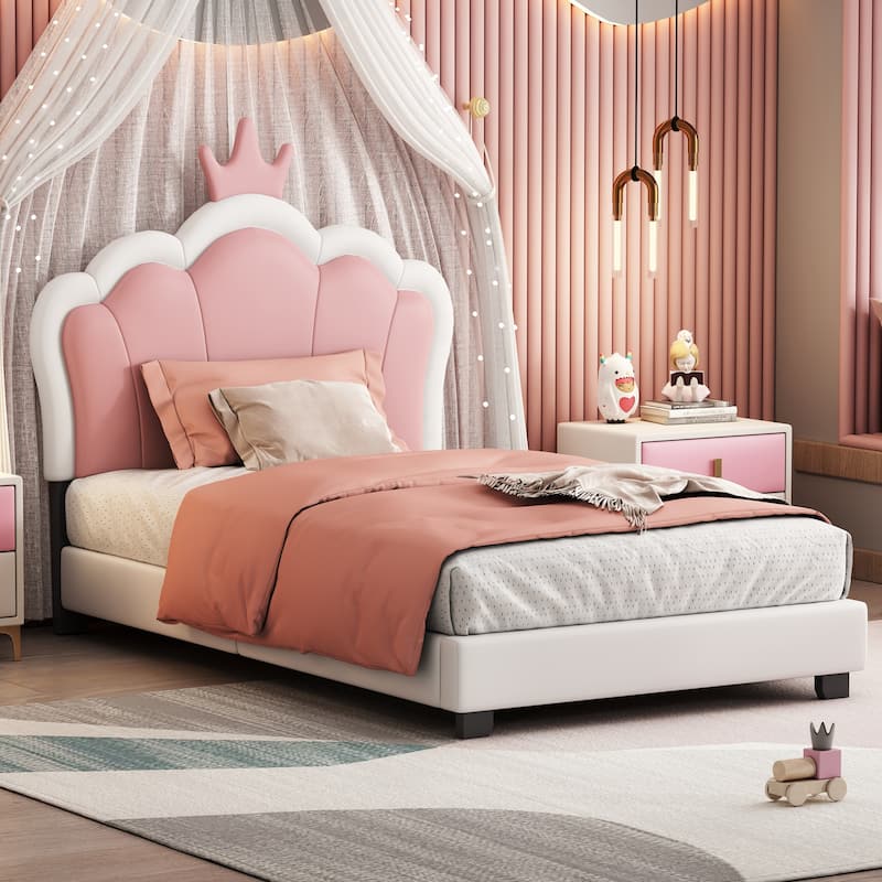 Cute Twin Upholstered Princess Bed Frame with Crown Headboard, Twin Bed
