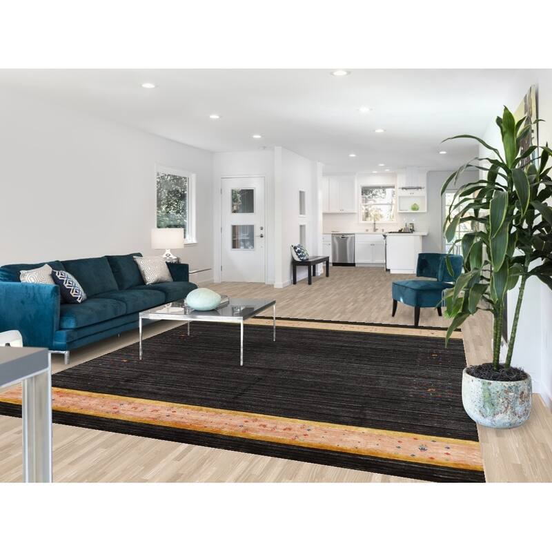 Striped Black Gabbeh Oriental Area Rug Hand-Knotted Silk Carpet - 8'2" x 9'8"