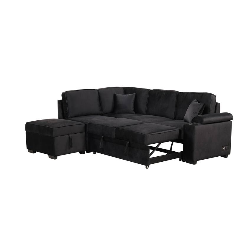 Modern 2 in 1 Pull Out sofa bed L Shape Couch with Storage Ottoman