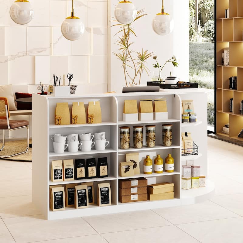 70.9" White Curved Front Desk with Shelving and Storage Reception Desk