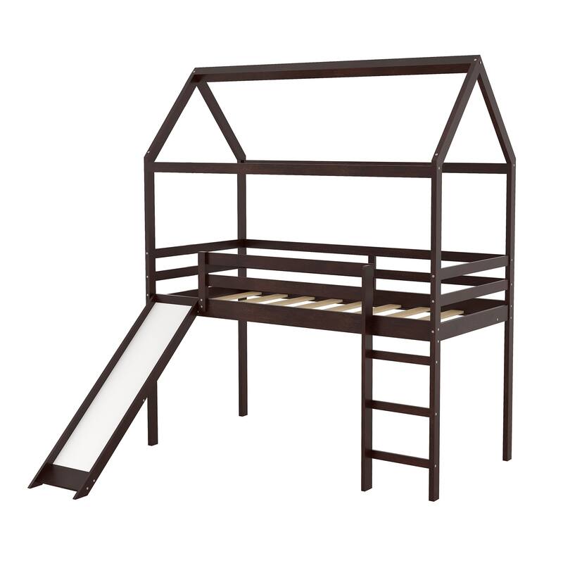 Espresso Nordic Simple Twin Size Loft Bed w/ Slide Wood House Bed w