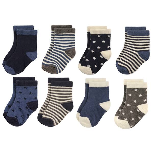 slide 1 of 1, Hudson Baby Infant Boy Cotton Rich Newborn and Terry Socks, Stars 4-6X - Stars
