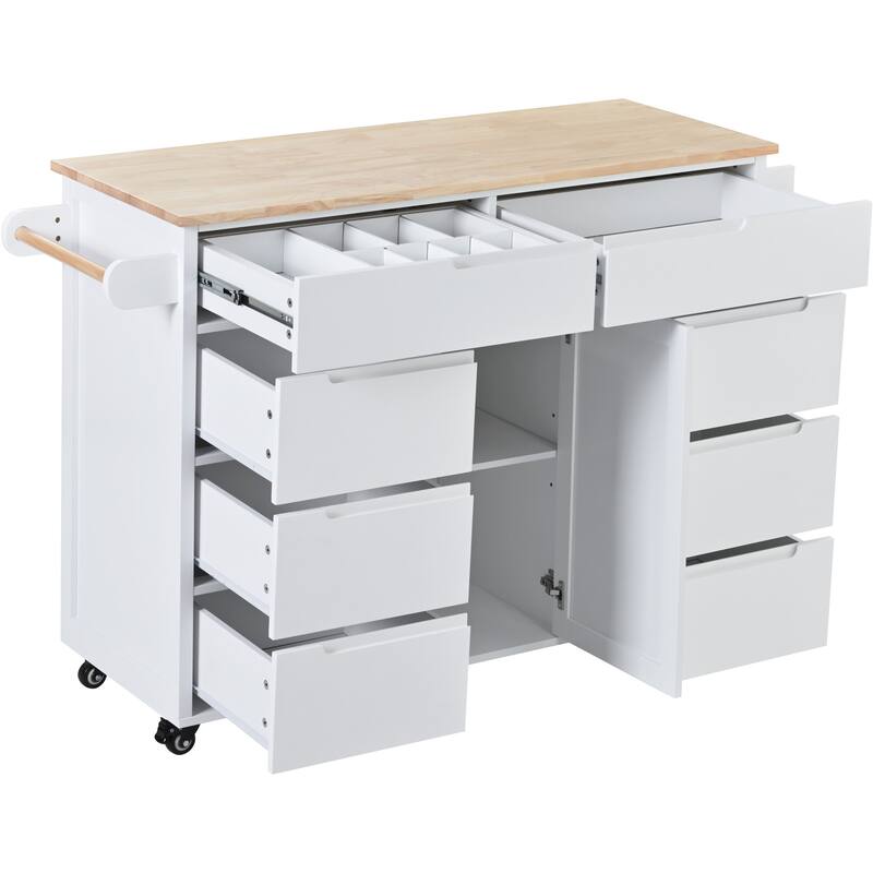 Kitchen Island with 8 Handle-Free Drawers, Rubber Wood Top, Flatware Organizer & 5 Wheels for Storage & Organization