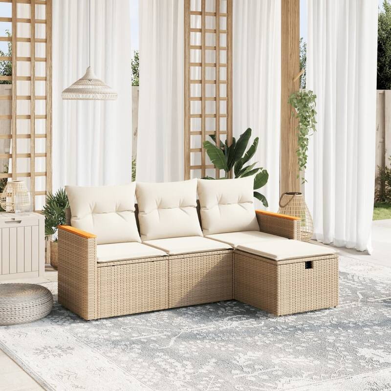 vidaXL Patio Sofa Set with Cushions Outdoor Furniture 4 Piece Poly Rattan - Beige and cream - 24.4 x 24.2 x 27.2 in